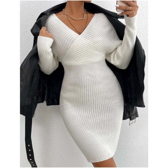 Fitted Off Shoulder Ribbed Sweater Dress - Picture 2 of 11